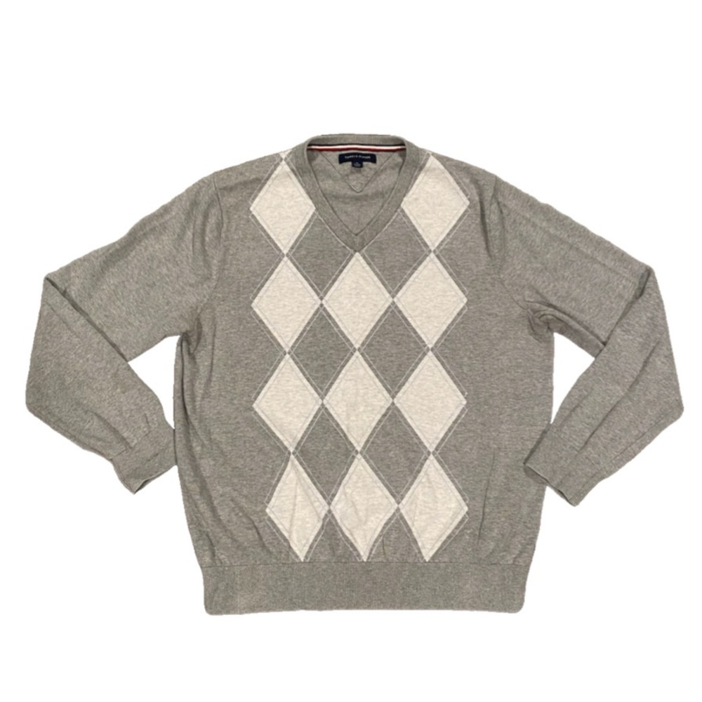Tommy Hilfiger V-Neck Sweater Women’s XL Gray Argyle Long Sleeve Knit Pullover